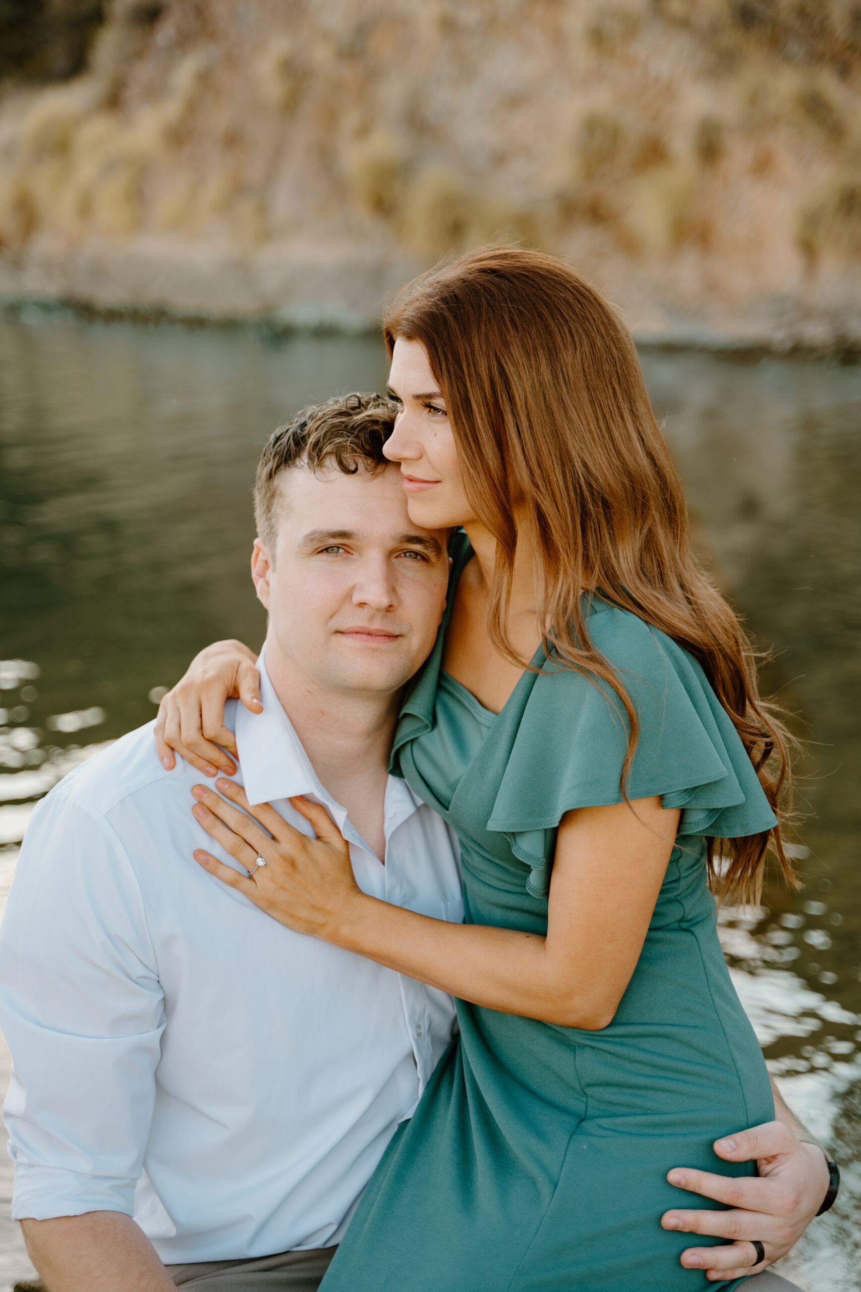 Couple embraces at Saguaro Lake