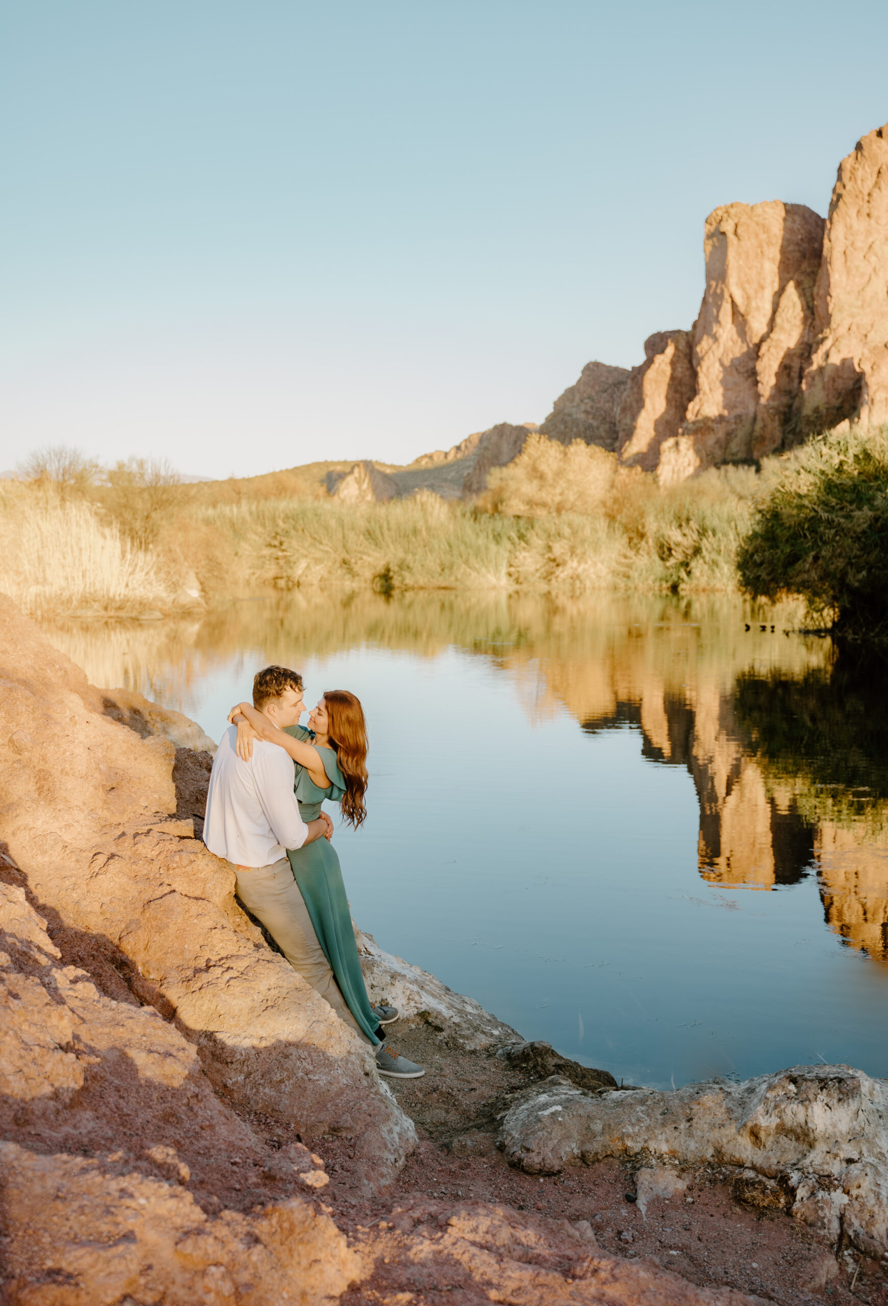 Couple embracing at Lower Salt River for their Arizona engagement session