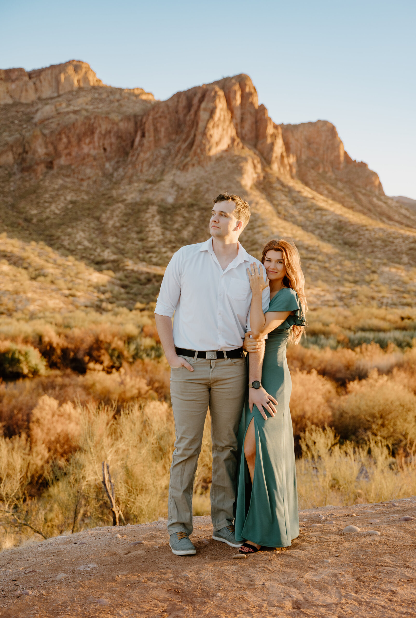 Couple embracing at Lower Salt River for their Arizona engagement session