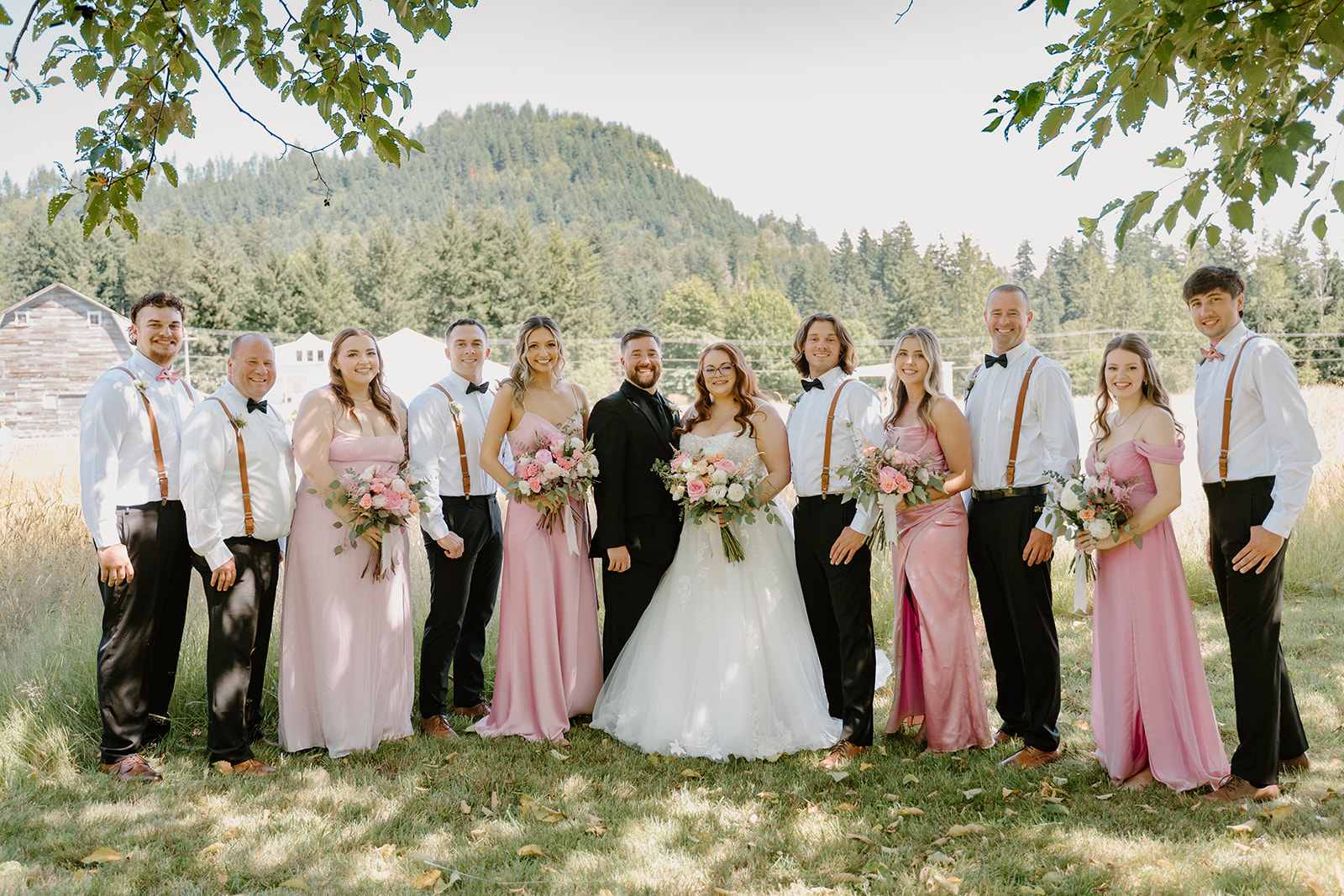 Full wedding party portrait with bridesmaids in pink dresses and groomsmen in suspenders standing together outdoors with mountains and greenery behind them.